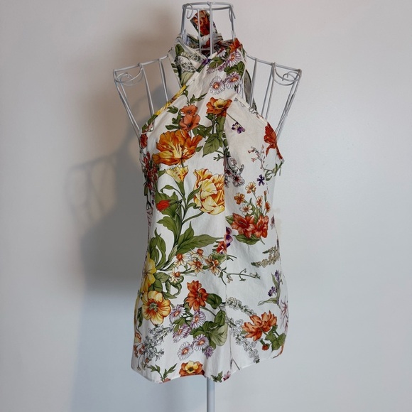 J. Crew Collection Ratti Tropical Floral Print Halter Top SZ S white side zip - Picture 1 of 11